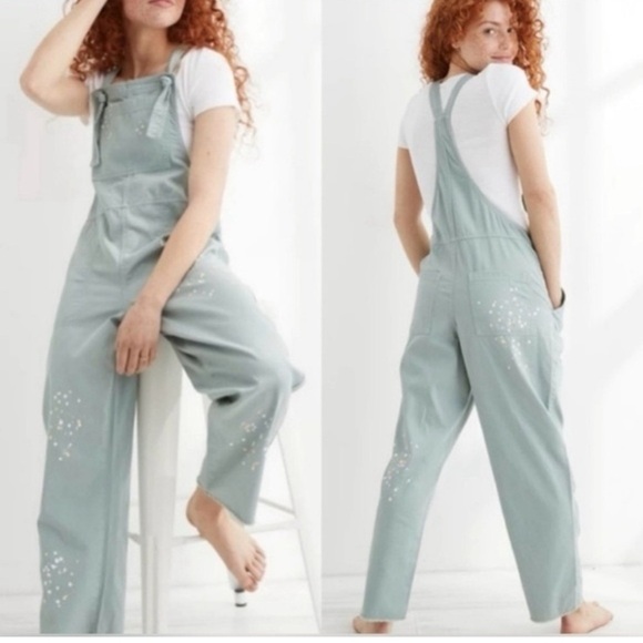 Aerie Women's Werk Play Twill Pain Splatter Green Overalls XS - Picture 2 of 16